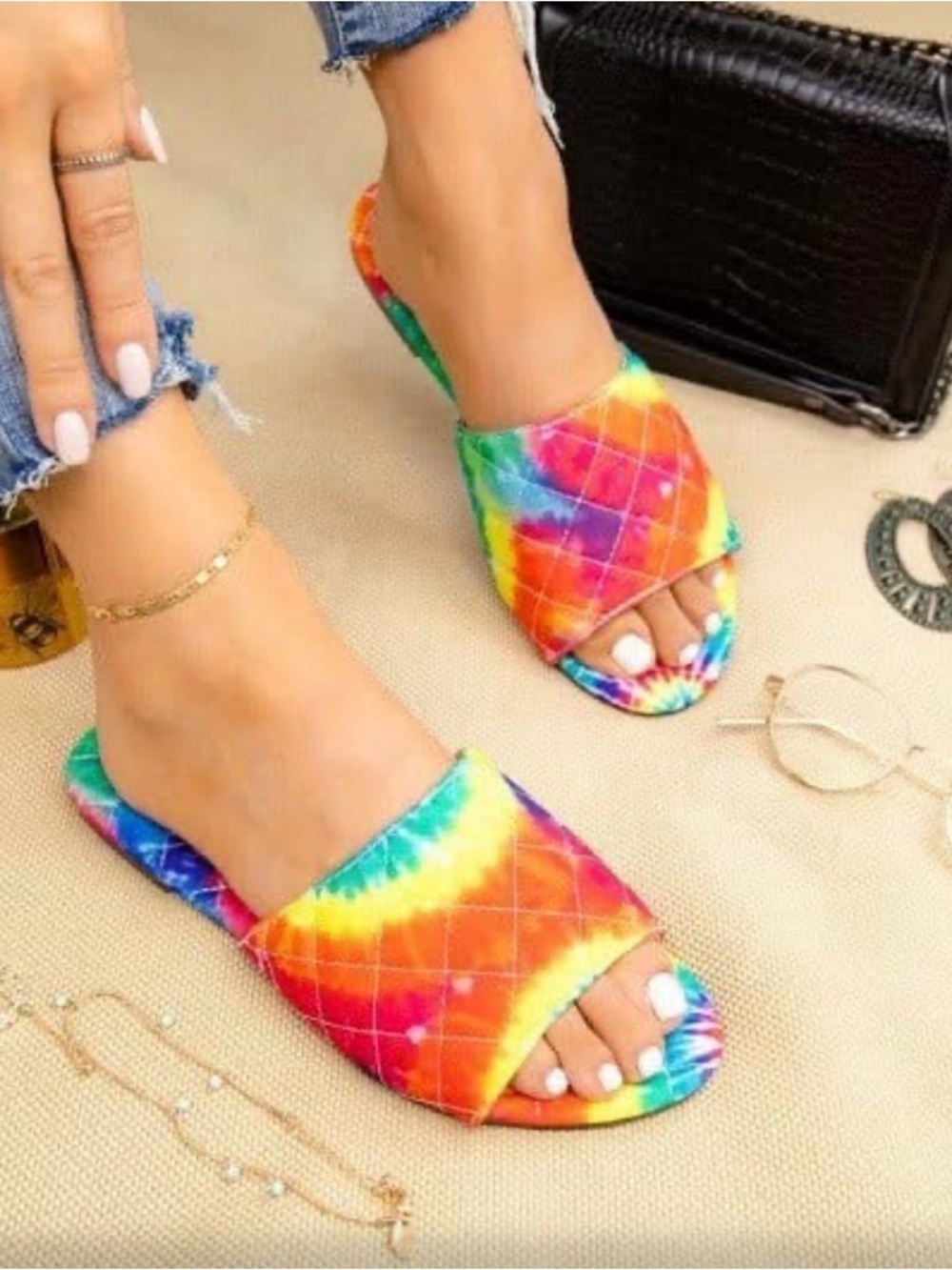 Mata Shoes Tie-Dye Quilted Slide Mules in Rainbow